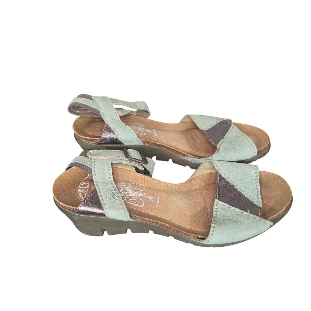 Fly London Leather Wedge Sandals EU 40 US 9 Mint Green Metallic Portugal